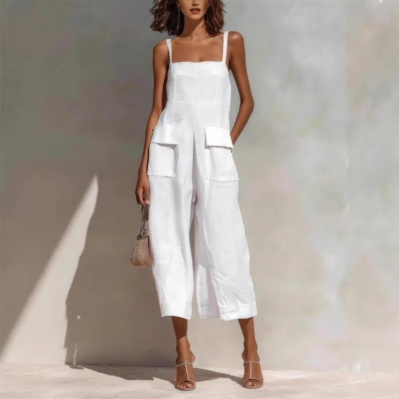 Women’s Vintage Cotton Linen Suspender Jumpsuit – Sleeveless Backless Cropped Summer Overalls