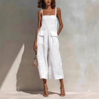 Women’s Vintage Cotton Linen Suspender Jumpsuit – Sleeveless Backless Cropped Summer Overalls