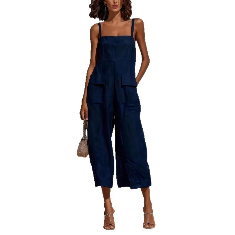 Women’s Vintage Cotton Linen Suspender Jumpsuit – Sleeveless Backless Cropped Summer Overalls