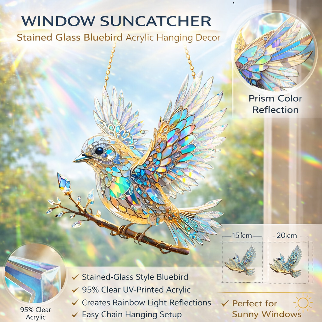 Bluebird Acrylic Window Suncatcher — Stained‑Glass Effect