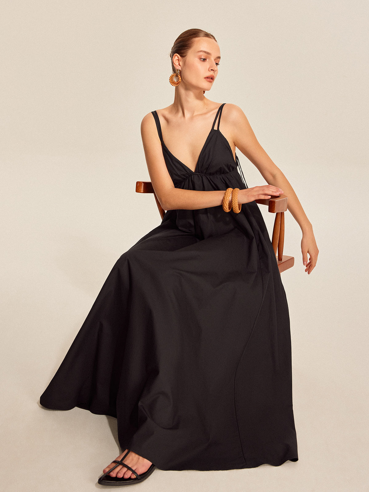 Women’s 100% Cotton Backless Maxi Dress – V-Neck Adjustable Strap Sleeveless Summer Elegant Dress
