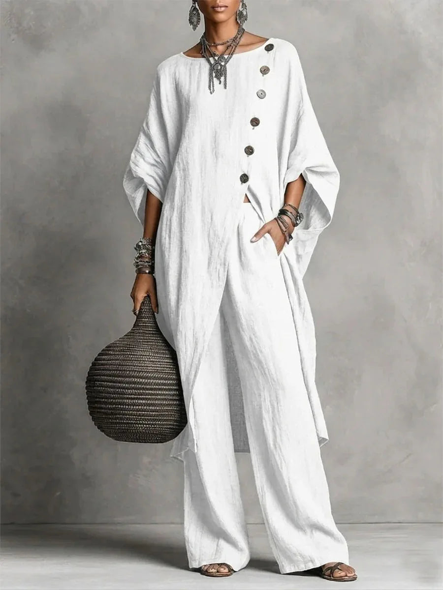 Women’s Batwing Sleeve 2-Piece Set – Vintage Button Tunic Top & Wide Leg Pants Casual Loungewear Outfit