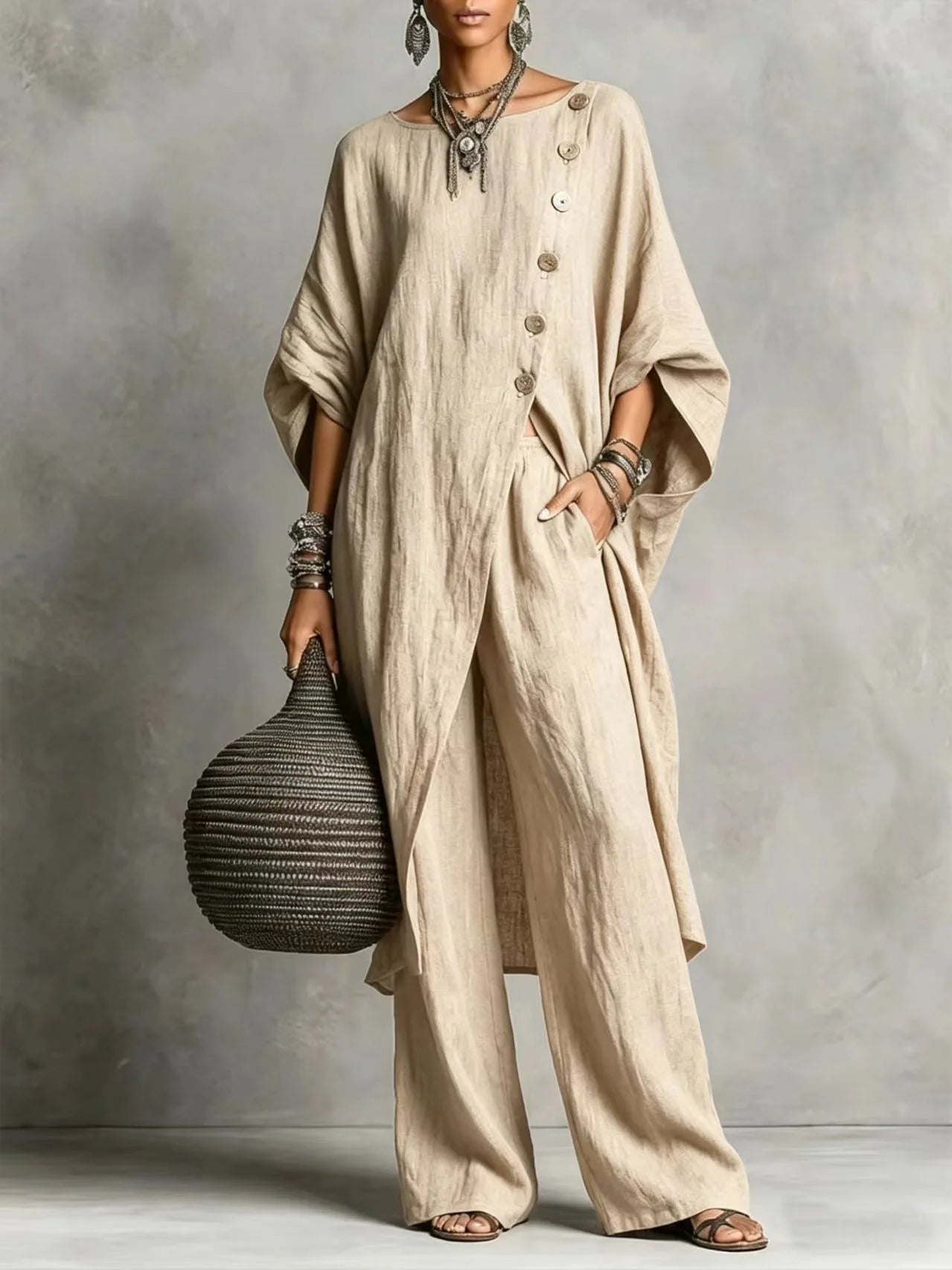 Women’s Batwing Sleeve 2-Piece Set – Vintage Button Tunic Top & Wide Leg Pants Casual Loungewear Outfit