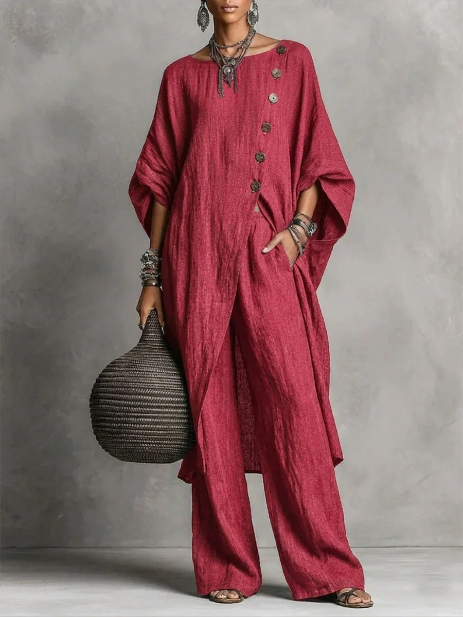 Women’s Batwing Sleeve 2-Piece Set – Vintage Button Tunic Top & Wide Leg Pants Casual Loungewear Outfit