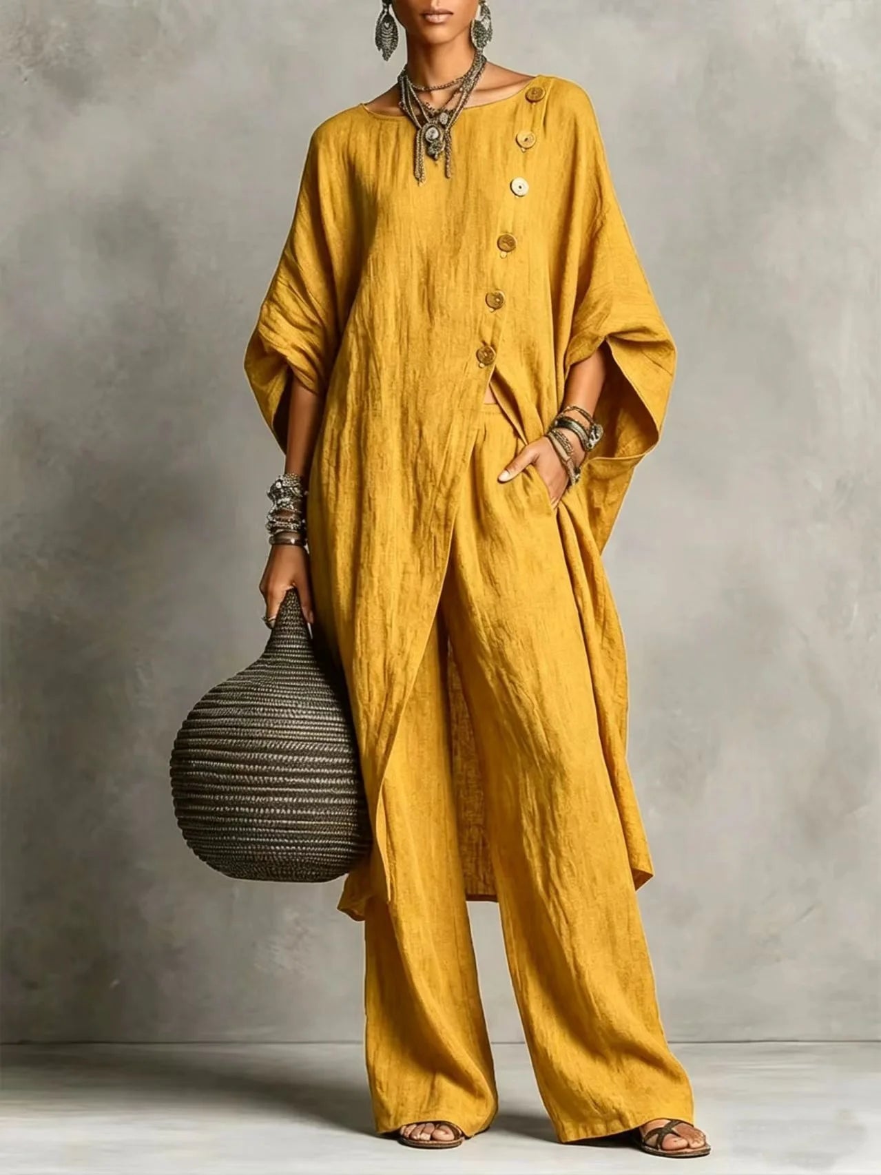Women’s Batwing Sleeve 2-Piece Set – Vintage Button Tunic Top & Wide Leg Pants Casual Loungewear Outfit