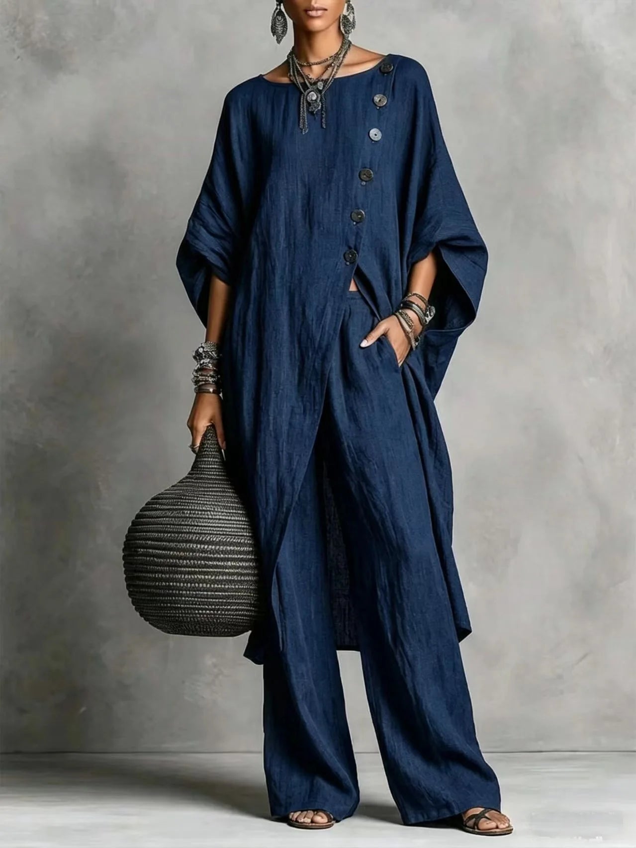 Women’s Batwing Sleeve 2-Piece Set – Vintage Button Tunic Top & Wide Leg Pants Casual Loungewear Outfit