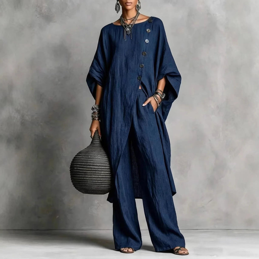 Women’s Batwing Sleeve 2-Piece Set – Vintage Button Tunic Top & Wide Leg Pants Casual Loungewear Outfit