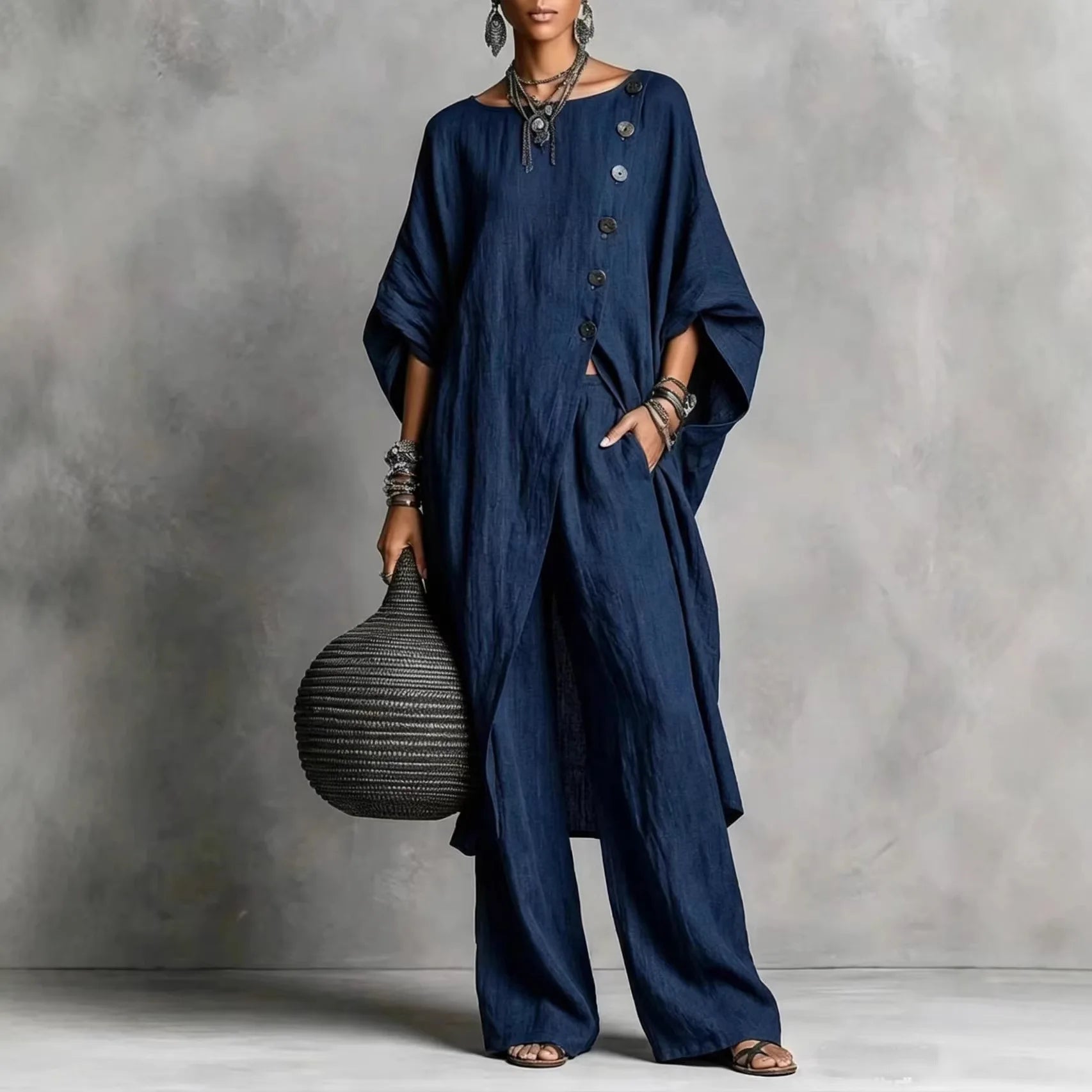 Women’s Batwing Sleeve 2-Piece Set – Vintage Button Tunic Top & Wide Leg Pants Casual Loungewear Outfit