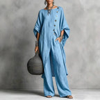 Women’s Batwing Sleeve 2-Piece Set – Vintage Button Tunic Top & Wide Leg Pants Casual Loungewear Outfit