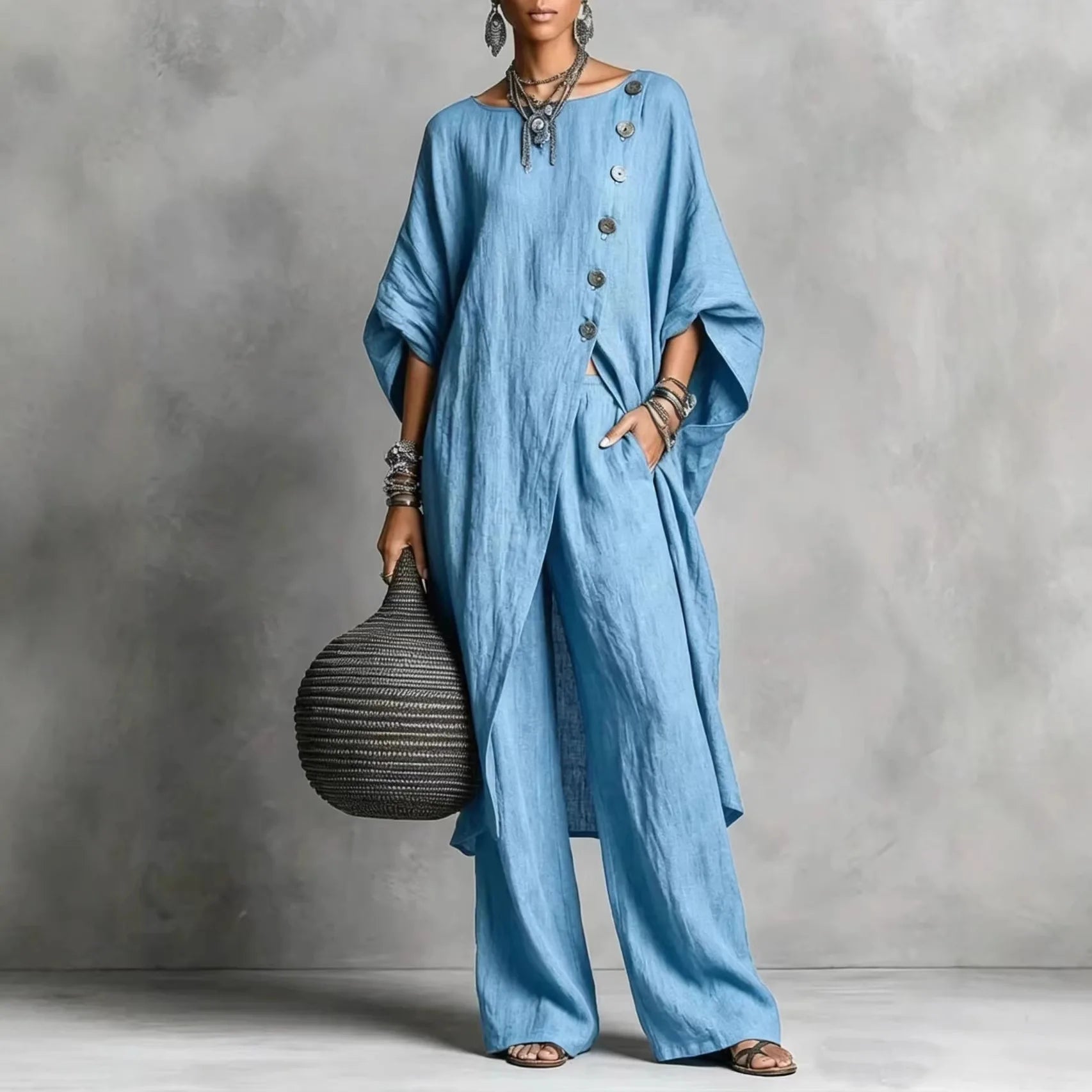 Women’s Batwing Sleeve 2-Piece Set – Vintage Button Tunic Top & Wide Leg Pants Casual Loungewear Outfit