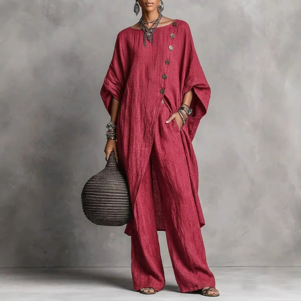 Women’s Batwing Sleeve 2-Piece Set – Vintage Button Tunic Top & Wide Leg Pants Casual Loungewear Outfit