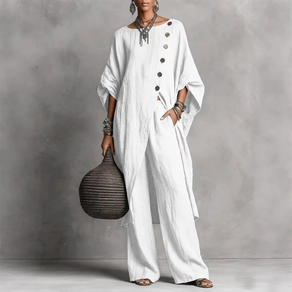 Women’s Batwing Sleeve 2-Piece Set – Vintage Button Tunic Top & Wide Leg Pants Casual Loungewear Outfit