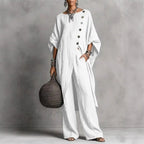 Women’s Batwing Sleeve 2-Piece Set – Vintage Button Tunic Top & Wide Leg Pants Casual Loungewear Outfit