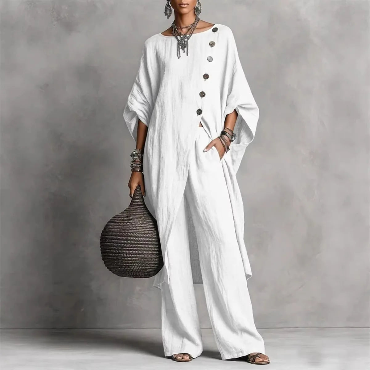 Women’s Batwing Sleeve 2-Piece Set – Vintage Button Tunic Top & Wide Leg Pants Casual Loungewear Outfit