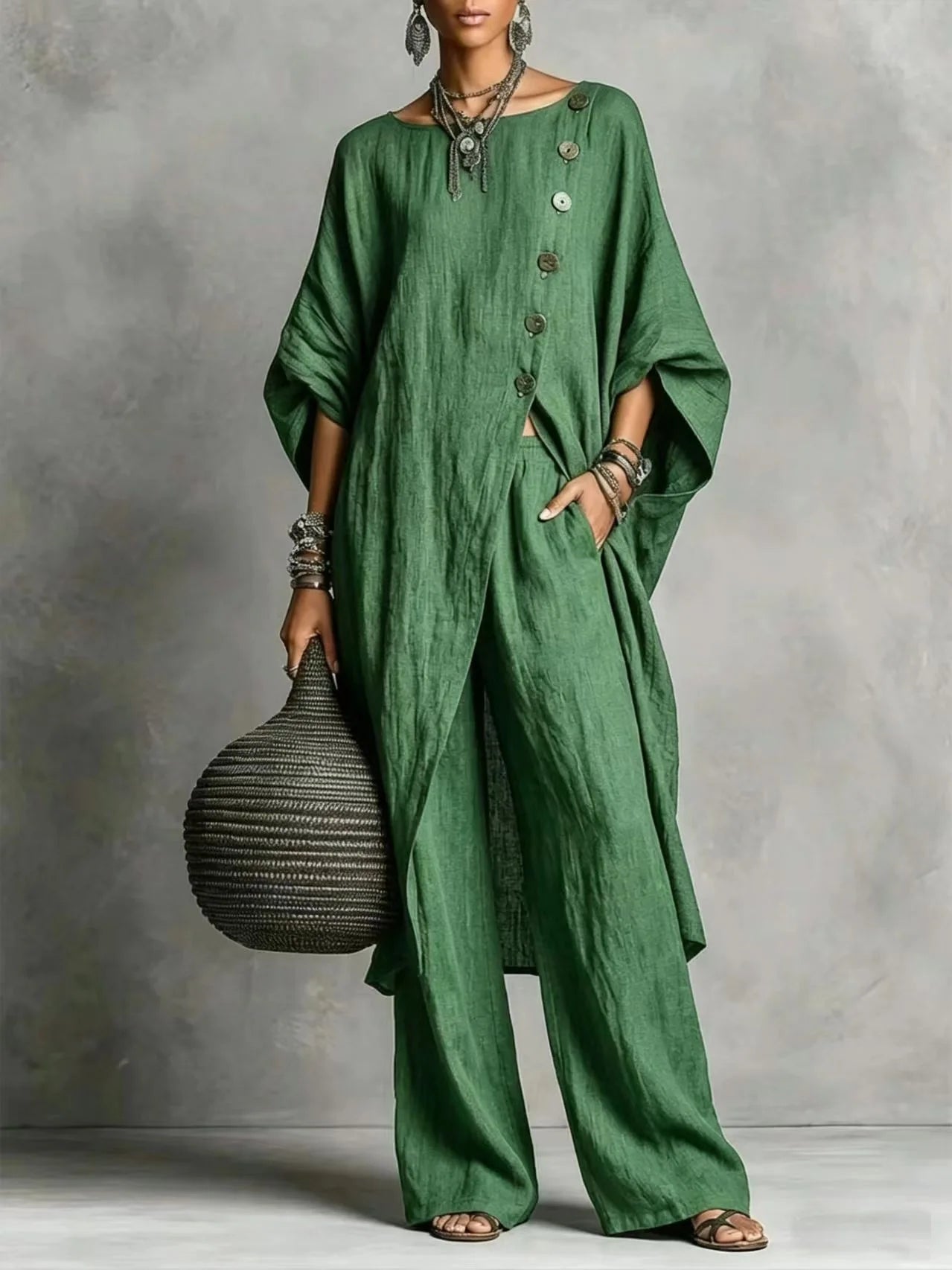 Women’s Batwing Sleeve 2-Piece Set – Vintage Button Tunic Top & Wide Leg Pants Casual Loungewear Outfit