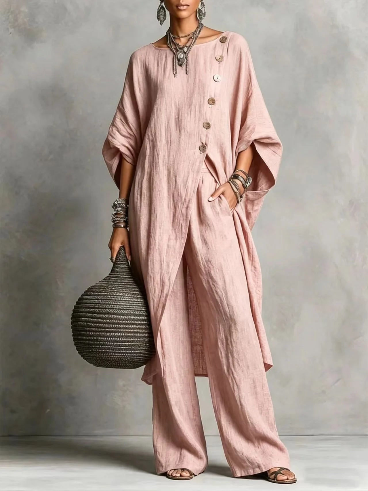 Women’s Batwing Sleeve 2-Piece Set – Vintage Button Tunic Top & Wide Leg Pants Casual Loungewear Outfit