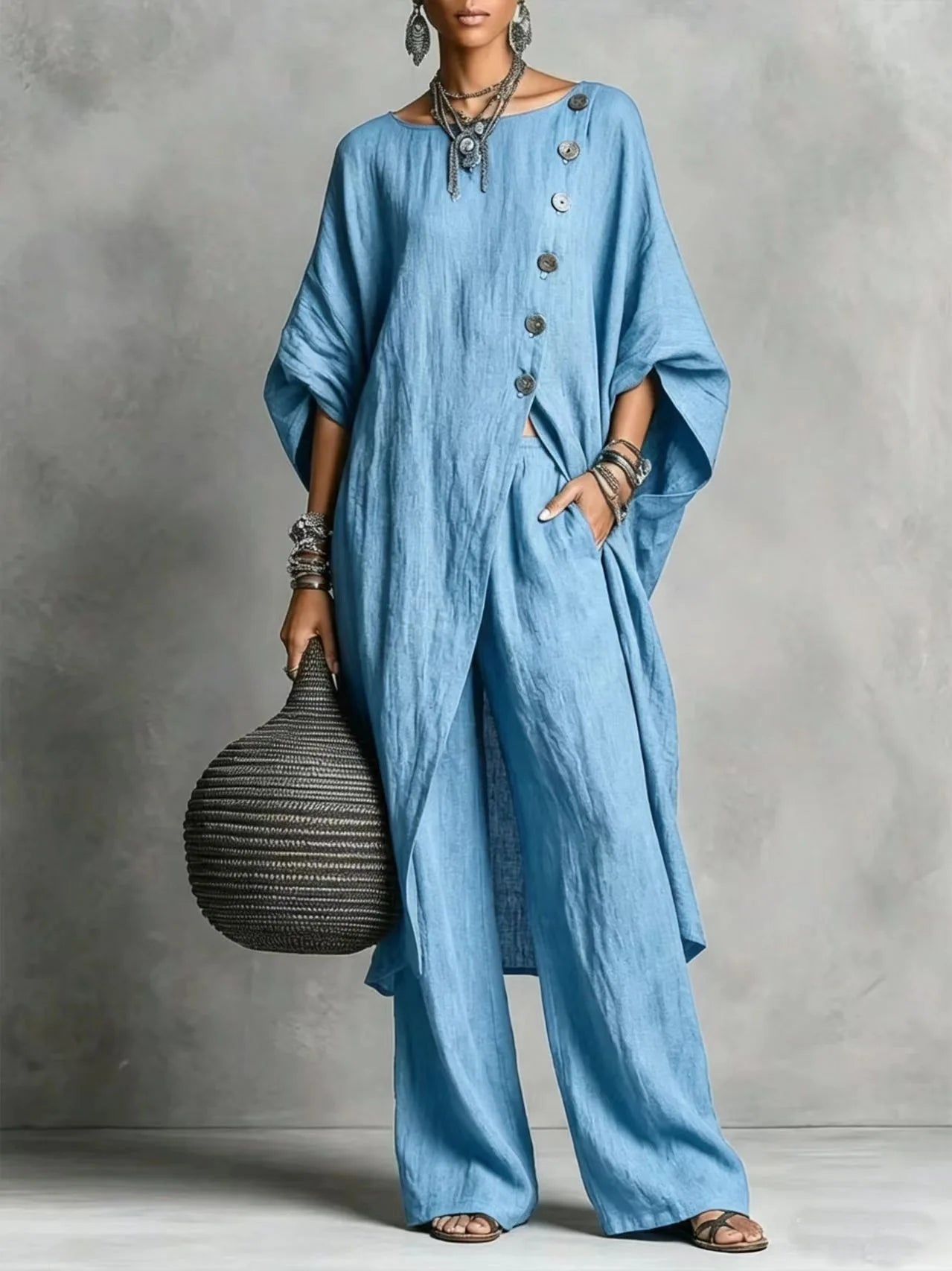Women’s Batwing Sleeve 2-Piece Set – Vintage Button Tunic Top & Wide Leg Pants Casual Loungewear Outfit