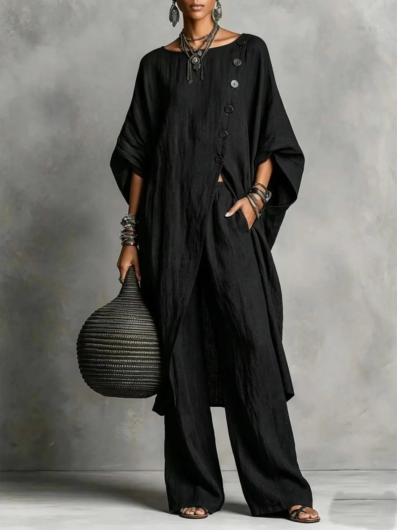 Women’s Batwing Sleeve 2-Piece Set – Vintage Button Tunic Top & Wide Leg Pants Casual Loungewear Outfit