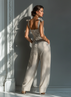 Women’s Striped Linen-Blend Jumpsuit – Square Neck Tie-Strap Wide-Leg Resort Outfit