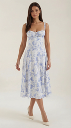 Rosa Mae Women’s Midi Sundress – Sweetheart Neckline Floral A-Line Dress, Cottagecore Elegant Tea-Length Summer Dress