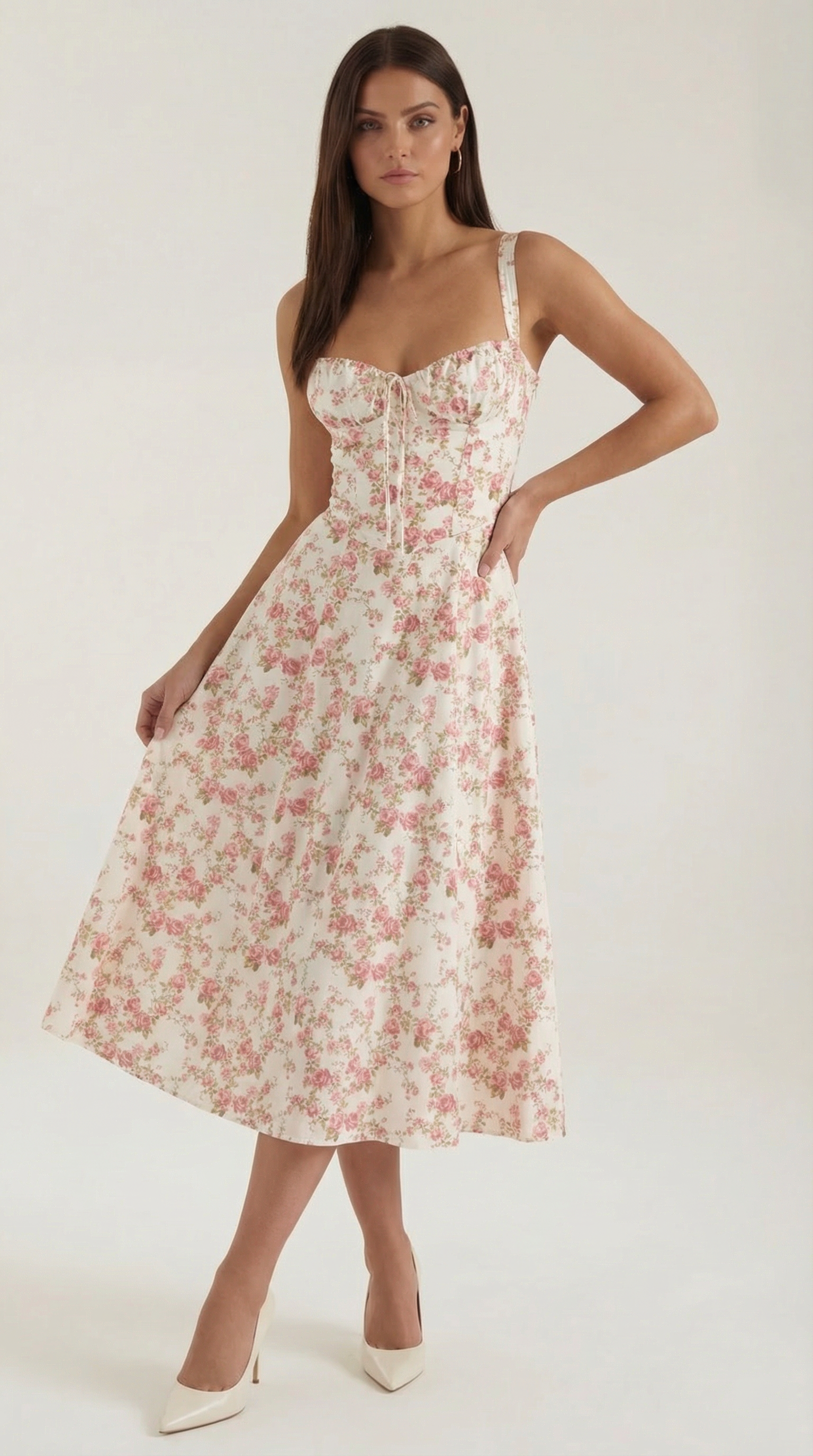 Rosa Mae Women’s Midi Sundress – Sweetheart Neckline Floral A-Line Dress, Cottagecore Elegant Tea-Length Summer Dress