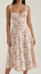 Rosa Mae Women’s Midi Sundress – Sweetheart Neckline Floral A-Line Dress, Cottagecore Elegant Tea-Length Summer Dress
