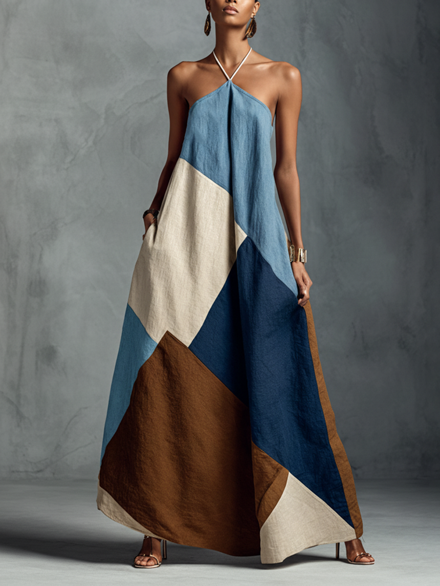 Women’s Boho Patchwork Halter Maxi Dress – Cotton Linen Sleeveless Resort Vacation Dress