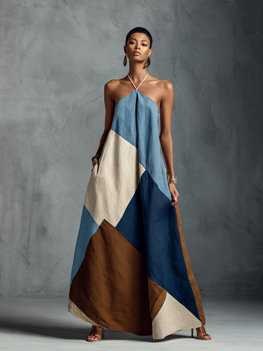 Women’s Boho Patchwork Halter Maxi Dress – Cotton Linen Sleeveless Resort Vacation Dress