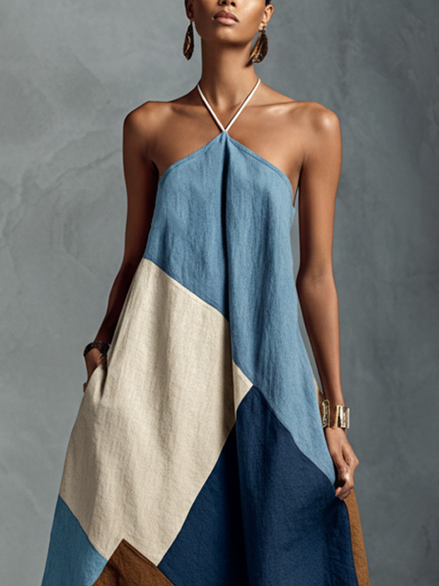 Women’s Boho Patchwork Halter Maxi Dress – Cotton Linen Sleeveless Resort Vacation Dress