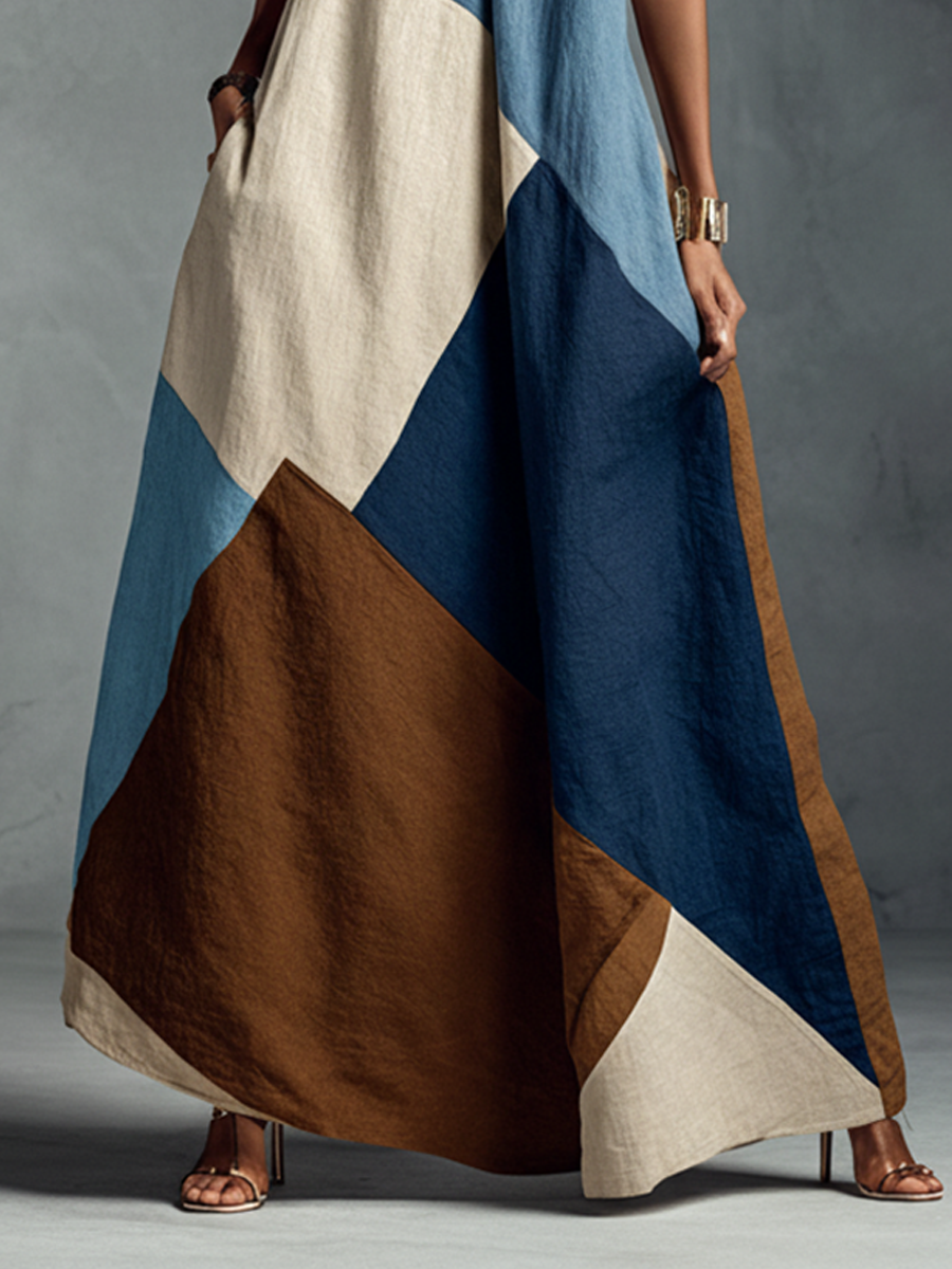 Women’s Boho Patchwork Halter Maxi Dress – Cotton Linen Sleeveless Resort Vacation Dress