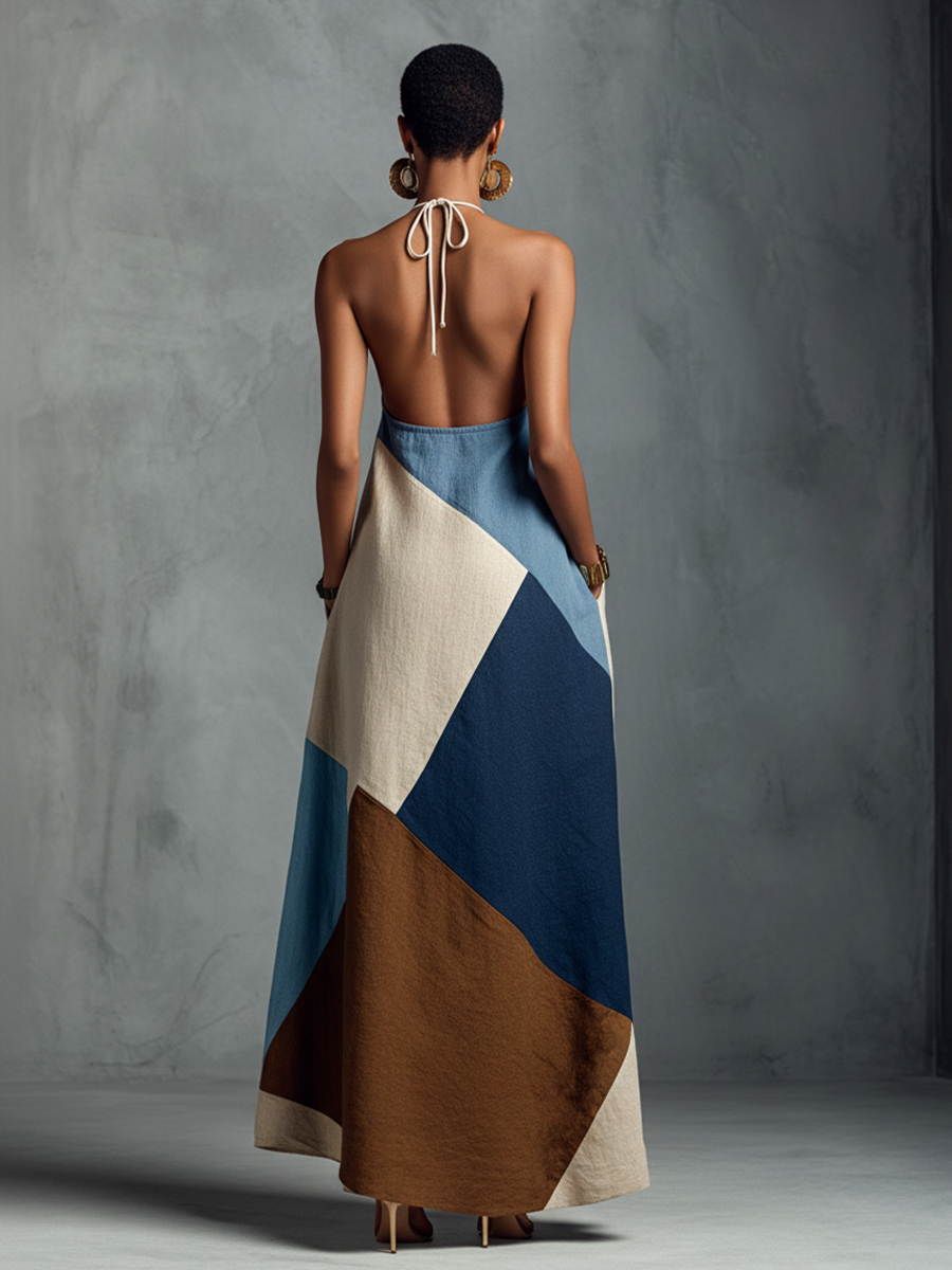Women’s Boho Patchwork Halter Maxi Dress – Cotton Linen Sleeveless Resort Vacation Dress