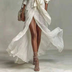 Women’s Boho Linen Maxi Dress – Wrap Shirt High Waist Split Hem Summer Dress