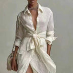 Women’s Boho Linen Maxi Dress – Wrap Shirt High Waist Split Hem Summer Dress