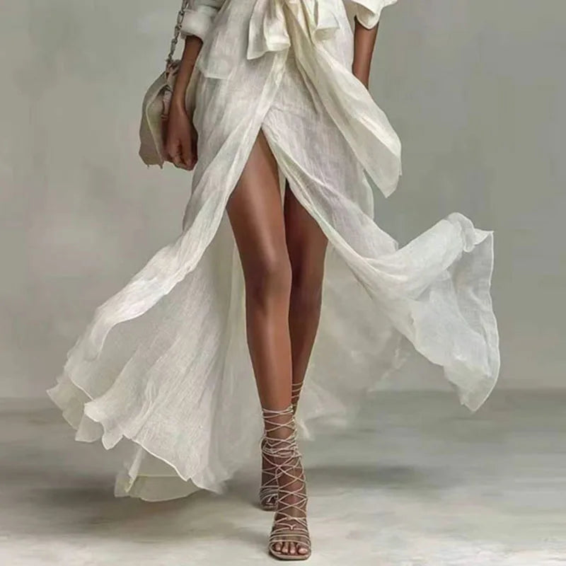 Women’s Boho Linen Maxi Dress – Wrap Shirt High Waist Split Hem Summer Dress