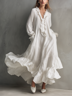 Arabelle Ruffle Linen Maxi Dress  White Long Sleeve Romantic Boho Dress