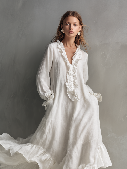 Arabelle Ruffle Linen Maxi Dress  White Long Sleeve Romantic Boho Dress