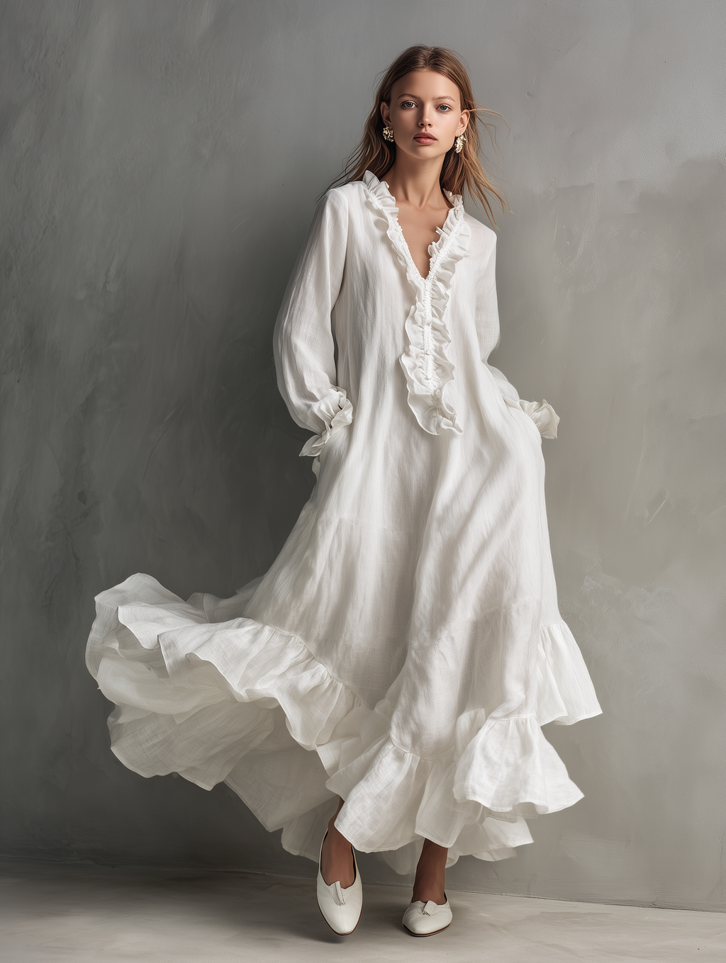 Arabelle Ruffle Linen Maxi Dress  White Long Sleeve Romantic Boho Dress
