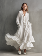 Arabelle Ruffle Linen Maxi Dress  White Long Sleeve Romantic Boho Dress