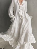 Arabelle Ruffle Linen Maxi Dress  White Long Sleeve Romantic Boho Dress