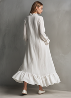 Arabelle Ruffle Linen Maxi Dress  White Long Sleeve Romantic Boho Dress