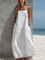 Women’s White Striped Long Dress – Sleeveless Loose Fit Casual Summer Maxi Dress