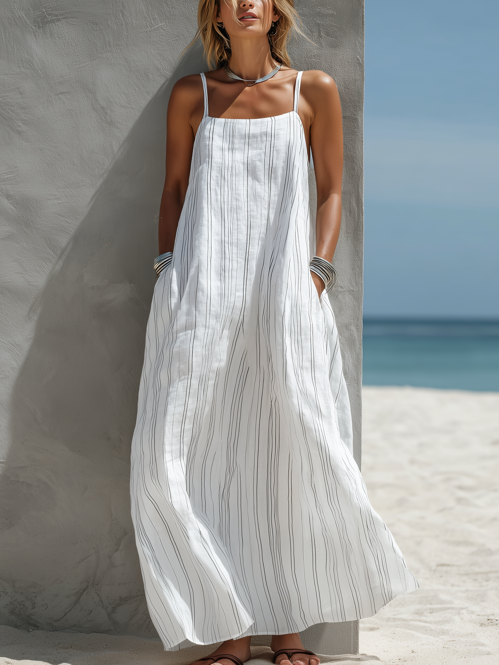 Women’s White Striped Long Dress – Sleeveless Loose Fit Casual Summer Maxi Dress