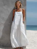Women’s White Striped Long Dress – Sleeveless Loose Fit Casual Summer Maxi Dress