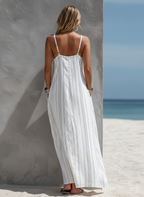 Women’s White Striped Long Dress – Sleeveless Loose Fit Casual Summer Maxi Dress