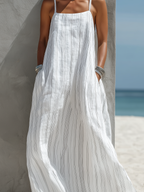 Women’s White Striped Long Dress – Sleeveless Loose Fit Casual Summer Maxi Dress