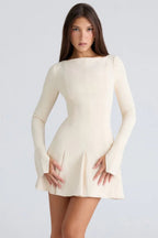 Women’s A-Line Crepe Dress – Elegant Boat Neck Formal Midi Dress with Princess Seams