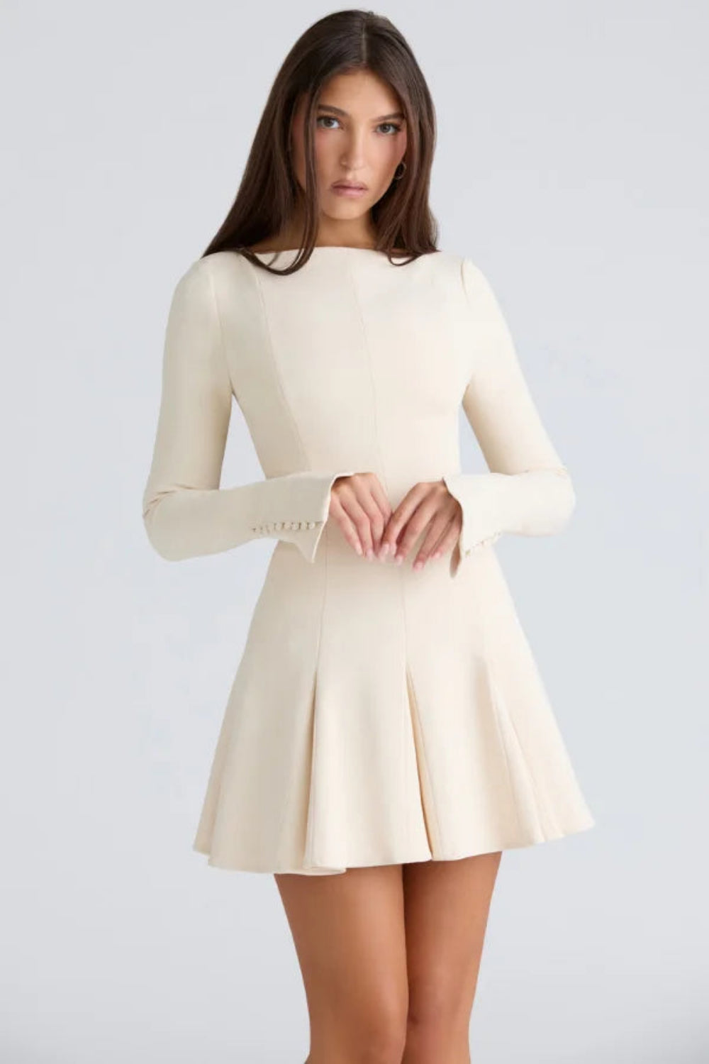 Women’s A-Line Crepe Dress – Elegant Boat Neck Formal Midi Dress with Princess Seams