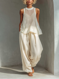 Women’s Cream Chiffon Sleeveless Top & Cotton Linen Wide Leg Pants Set – Relaxed Minimalist 2-Piece Summer Outfit