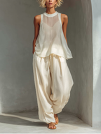 Women’s Cream Chiffon Sleeveless Top & Cotton Linen Wide Leg Pants Set – Relaxed Minimalist 2-Piece Summer Outfit