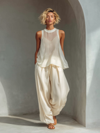 Women’s Cream Chiffon Sleeveless Top & Cotton Linen Wide Leg Pants Set – Relaxed Minimalist 2-Piece Summer Outfit